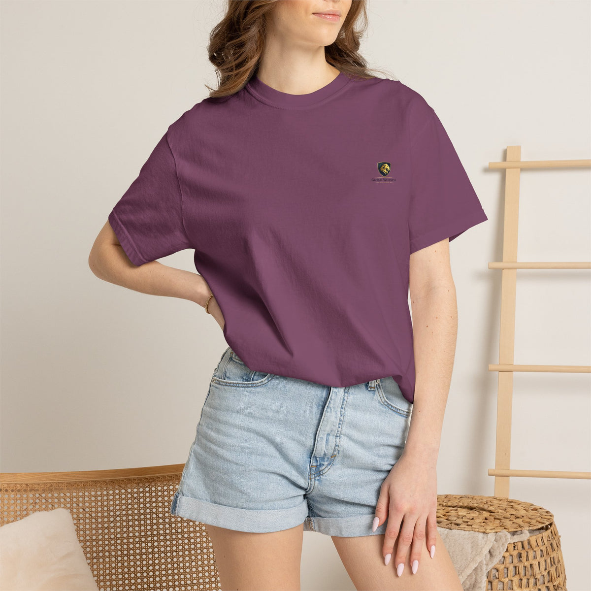 Minimal Cream T‑Shirt with Small Shield Logo — Casual Everyday Tee