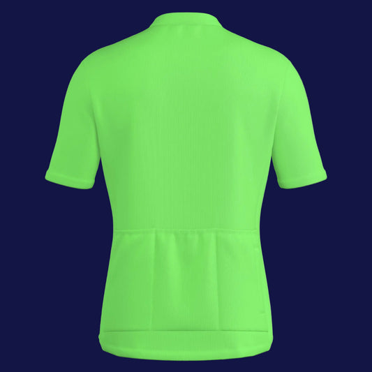 Back view of all-over print men's cycling jacket in bright green color.