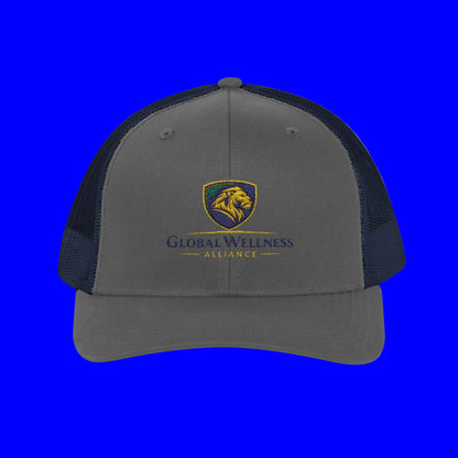 Embroidered trucker cap in gray with Global Awareness Shield logo in orange, perfect for outdoor activities.