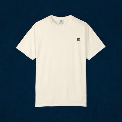 Minimal Cream T‑Shirt with Small Shield Logo — Casual Everyday Tee