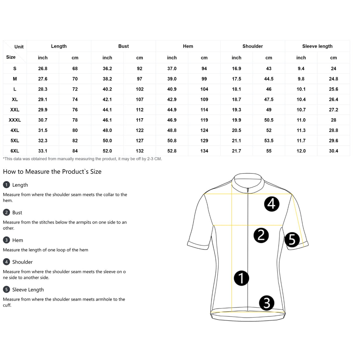 Size chart for men's cycling jersey zipper jacket with measurement guide.