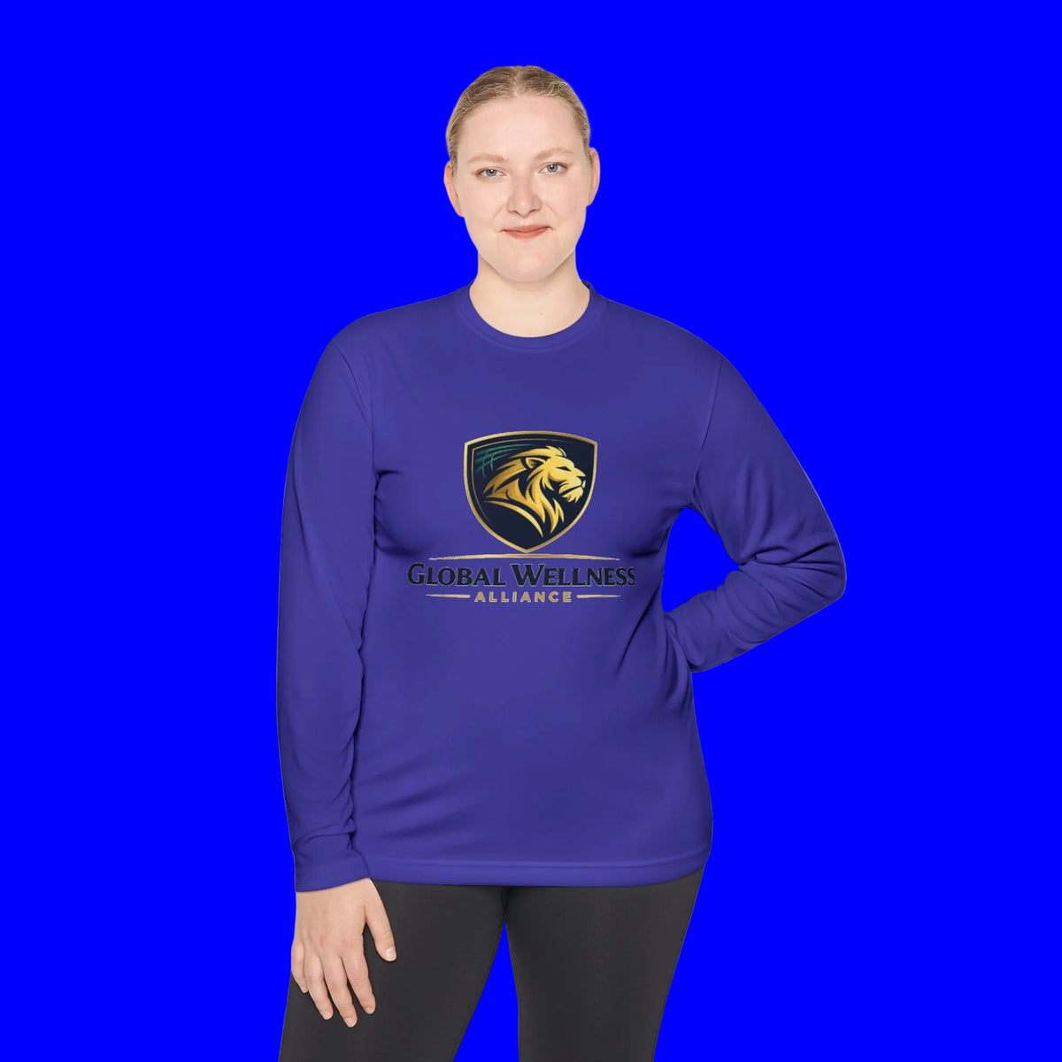 Model wearing a moisture-wicking long sleeve tee from Global Wellness Alliance in purple color.