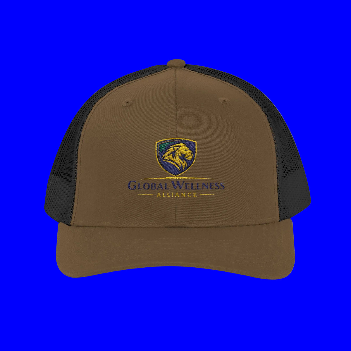 Embroidered trucker cap featuring Global Wellness Alliance logo on a brown cap with black mesh sides.