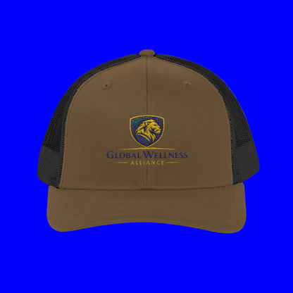 Embroidered trucker cap featuring Global Wellness Alliance logo on a brown cap with black mesh sides.