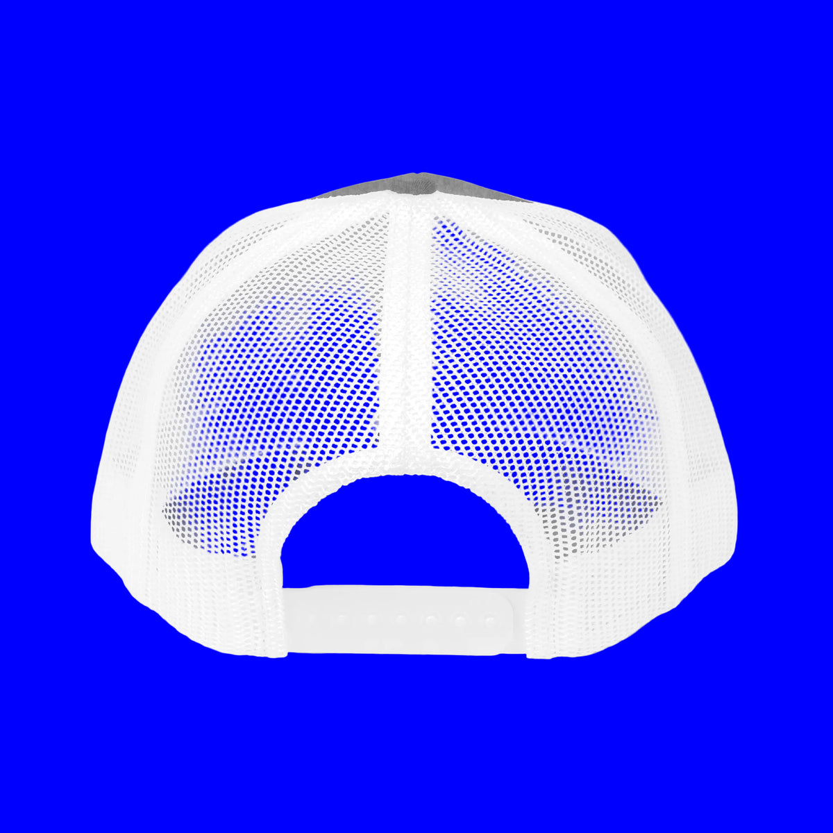Back view of the embroidered trucker cap showcasing the mesh design and adjustable strap.