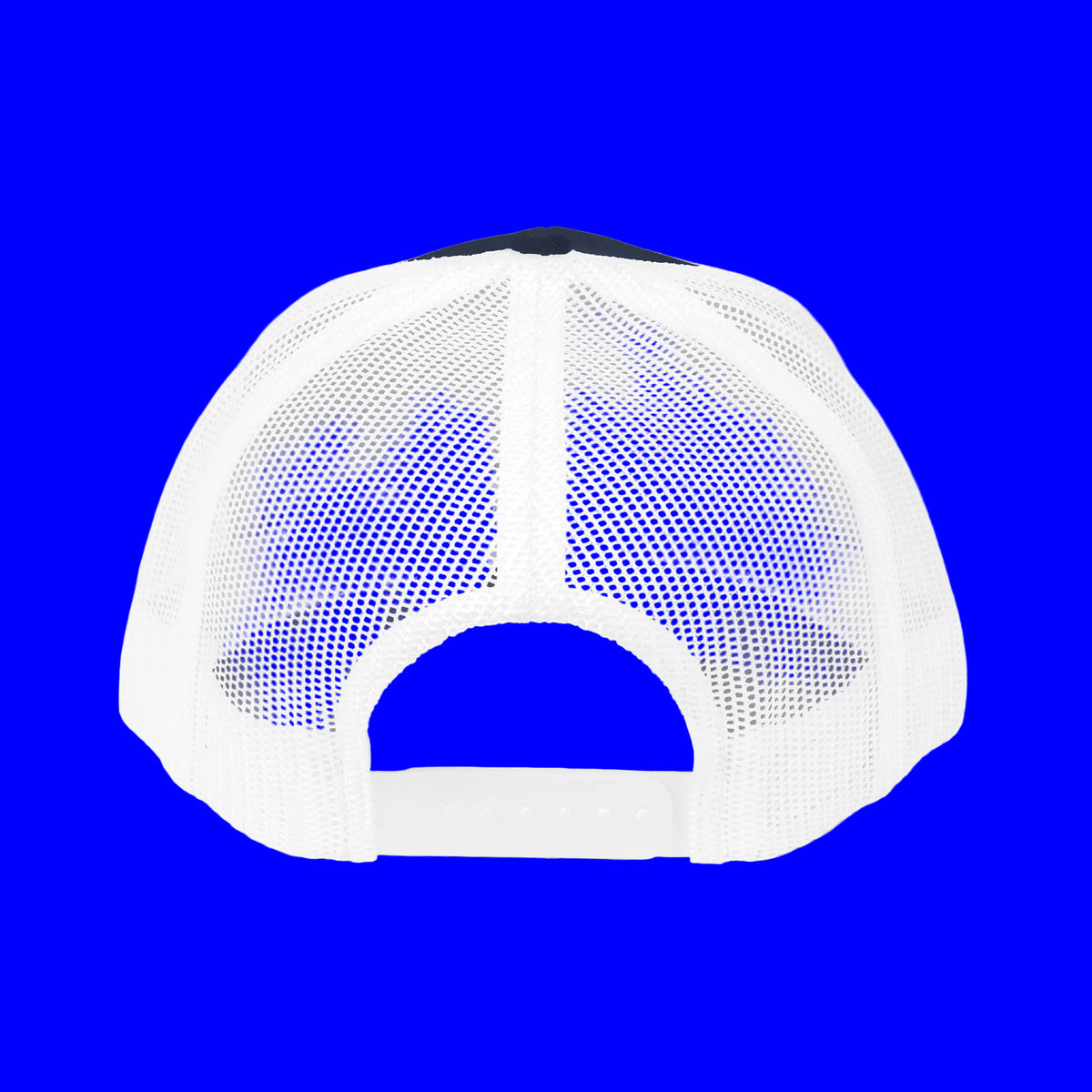 Back view of an embroidered trucker cap showing the mesh design and adjustable strap.
