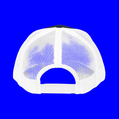 Back view of an embroidered trucker cap showing the mesh design and adjustable strap.