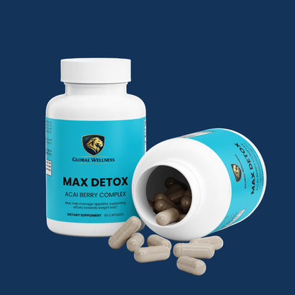 Max Detox acai detox supplement bottle with capsules on a blue background.