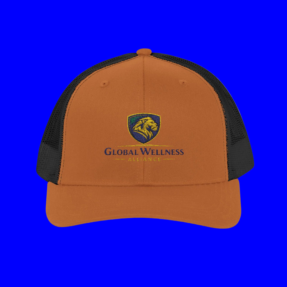 Embroidered trucker cap in gray and orange with Global Awareness Shield logo, perfect for outdoor activities.