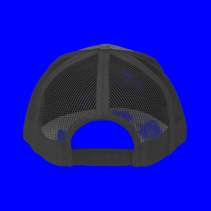 Back view of an embroidered trucker cap in gray with mesh detailing, designed for style and outdoor functionality.
