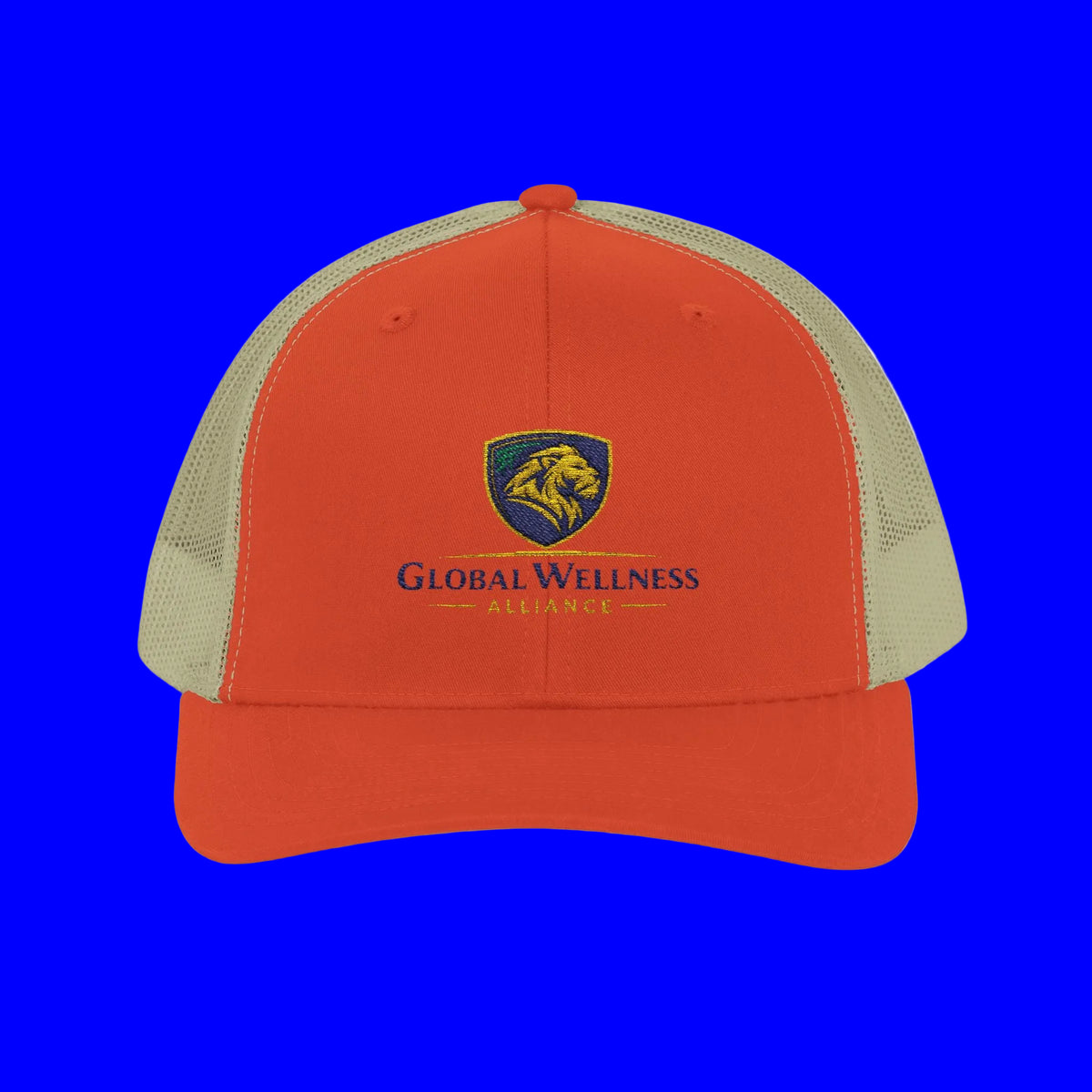 Embroidered trucker cap featuring Global Wellness Alliance logo in gray and orange colors.