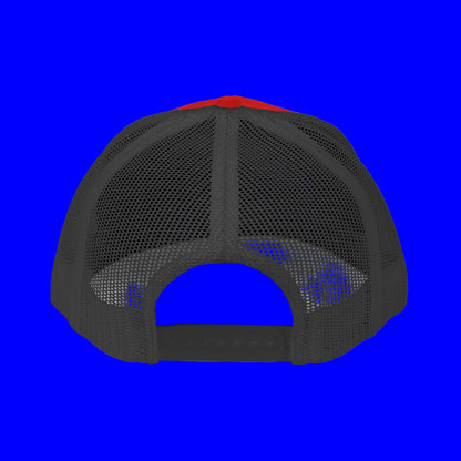 Back view of an embroidered trucker cap featuring a gray mesh design and a vibrant orange top.