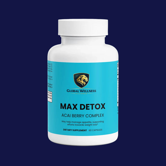 Max Detox acai detox supplement bottle for health and weight loss support with 60 capsules.