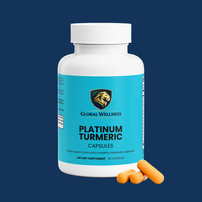 premium turmeric extract blend in a blue bottle with capsules on a dark background