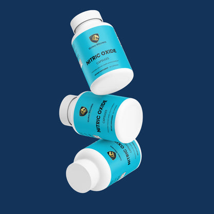 Nitric oxide supplement for circulation capsules in blue packaging on a dark background.