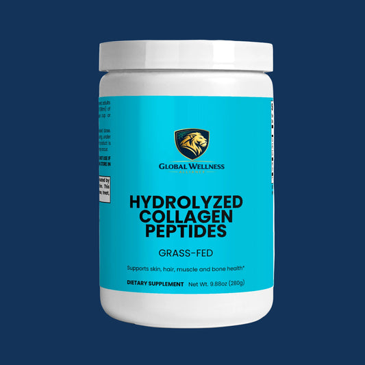 Hydrolyzed Collagen Peptides supplement in a white jar, features grass-fed collagen peptides for skin and muscle health.