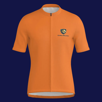 All-over print men's cycling jacket in vibrant orange color with a zipper and logo design.