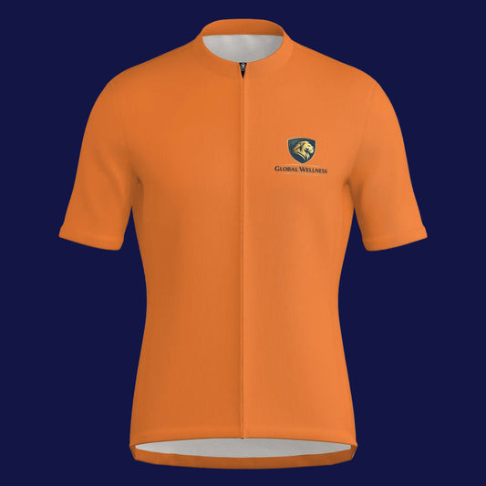 All-over print men's cycling jacket in vibrant orange color with a zipper and logo design.