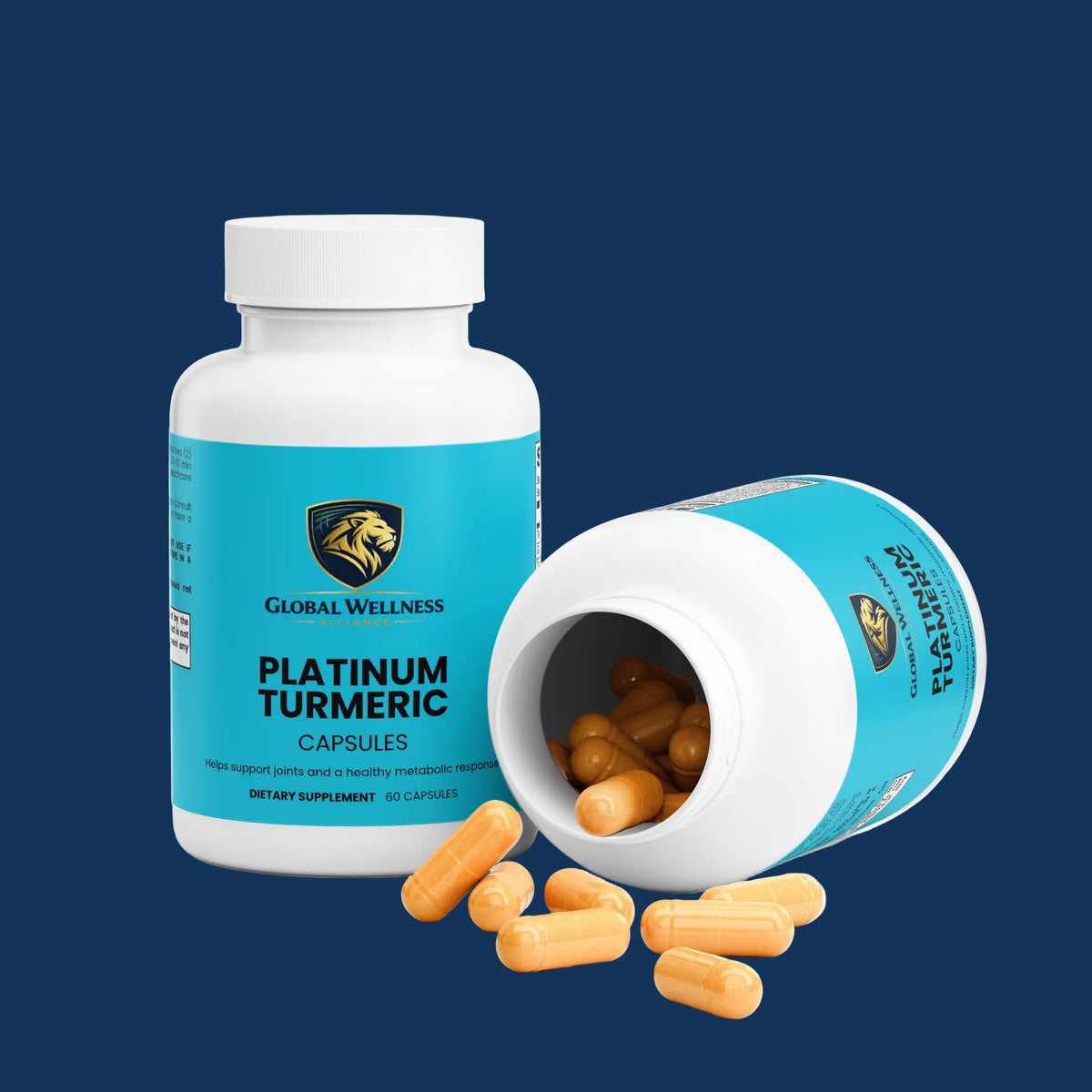 Premium turmeric extract blend Platinum Turmeric capsules with yellow pills spilling out of the bottle.