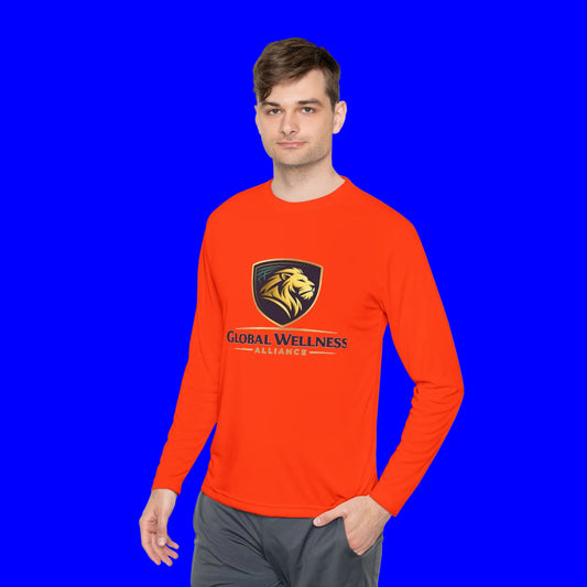 Moisture-wicking long sleeve tee in bright orange featuring Global Wellness Alliance logo.