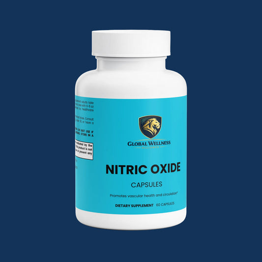 Nitric oxide supplement for circulation bottle featuring Global Wellness branding and labeling.