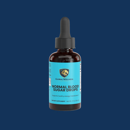 A 2 fl oz amber glass dropper bottle of Global Wellness Labs Normal Blood Sugar Drops, featuring a bright blue label with a black dropper cap, set against a clean white background.